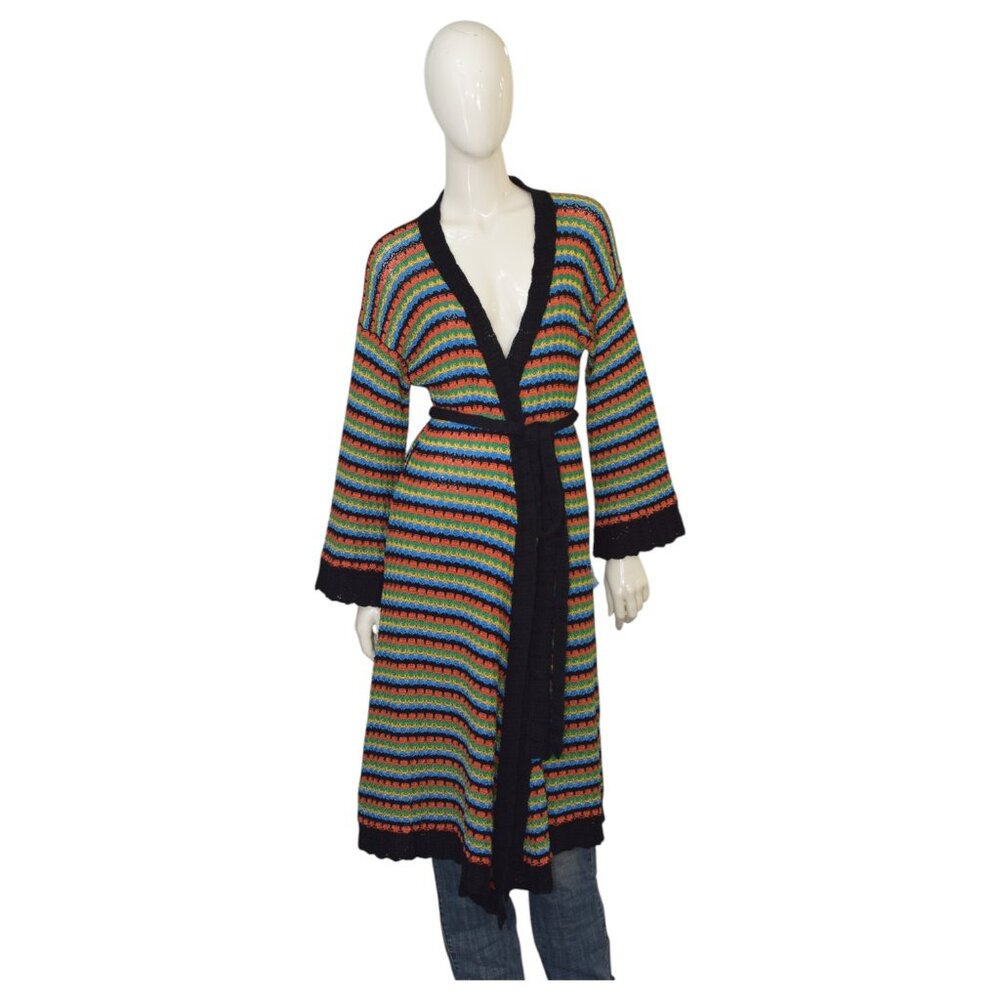 Alanui Multicolor Striped Knit Cotton Belted Long Cardigan Cardi size XS / S